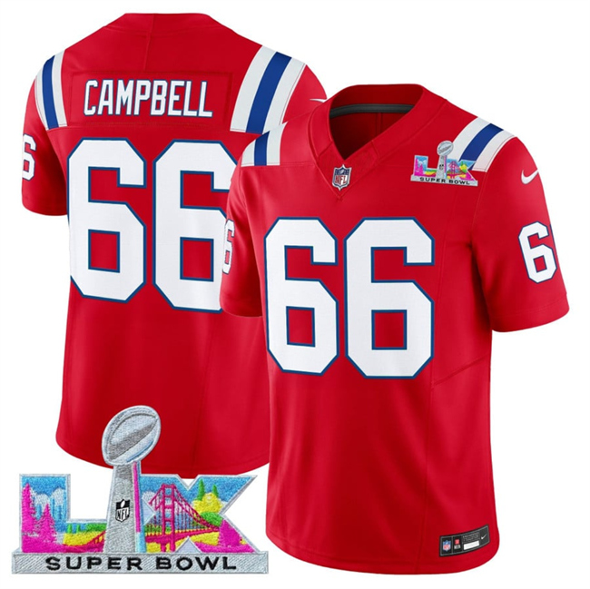 Men's New England Patriots #66 Will Campbell Red 2025 F.U.S.E. Super Bowl LX Patch Vapor Limited Stitched Football Jersey